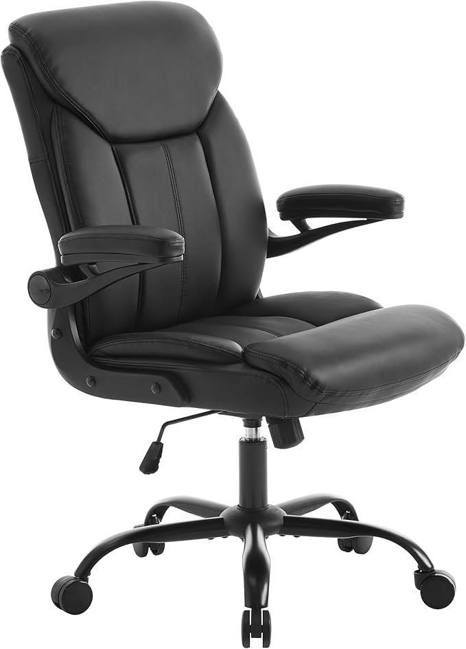 Home Office Ergonomic Desk Chair - Comfy Leather Executive Chair with Flip-Up Armrests, Lumbar Support, 360° Swivel & Rocking(Black)