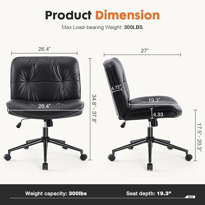 Sweetcrispy Criss Cross Chair with Wheels, Wide Seat PU Leather Armless Office Desk Vanity Chair, Comfortable Adjustable Swivel Computer Task Chairs for Bedroom, Small Space Make Up, Black