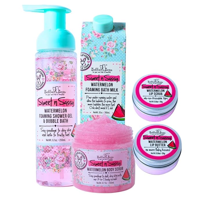 Bella & Bear Sweet 'n' Sassy Watermelon Mega Bath & Body Gift Set with Foaming Shower Gel & Bubble Bath, Bath Milk, Body Scrub & Lip Scrub and Lip Butter Great Gifts for Women