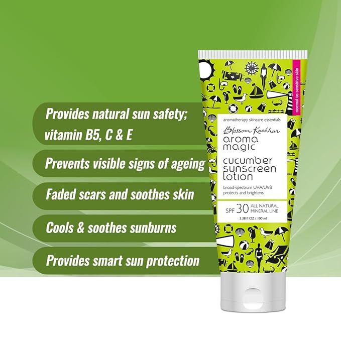 Aroma Magic Cucumber Sunscreen Lotion with SPF 30 | Non-Nano Zinc Oxide Mineral Sunblock | Broad Spectrum UVA/UVB Sun Protection | Soothes & Cools Sensitive Skin | 3.38 Fl Oz/100ml