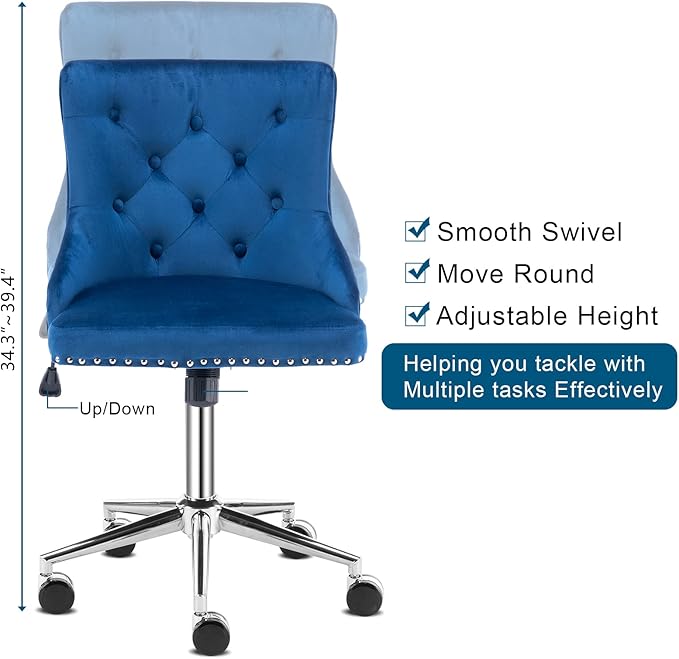 VINGLI Navy Blue Velvet Armless Home Office Desk Chair with Silver Chrome Base/Wheels, Cute Vanity/Makeup Chair with Back for Bedroom, Upholstered Adjustable Rolling Swivel Nail Chair for Women/Girls