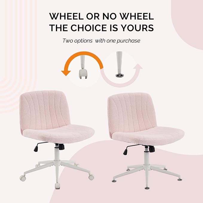 VINGLI Criss Cross Legged Chair,Wide Comfy Office Desk Chair,Dual-Use with/no Wheels Computer Task Chair,Swivel Armless Vanity Boucle Chair for Study,Make Up,Home Office,Teddy Fleece,Pink