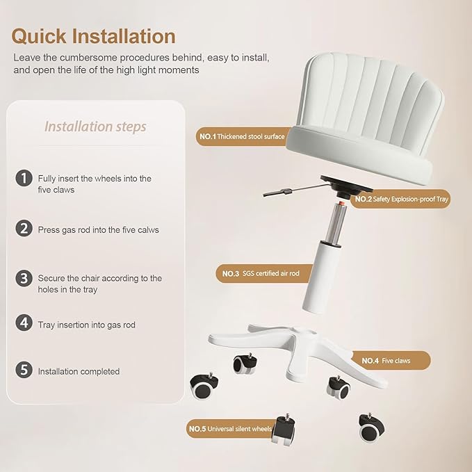 Small Round Rolling Desk Chair Armless Comfy Vanity Computer Chair with Low Backrest PU Leather Height Adjustable Swivel Work Spa Chair