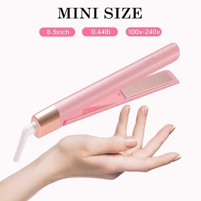 Mini Flat Iron 1 Inch Ceramic Mini Hair Straightener, Small Flat Irons for Short Hair, Curls Bangs, Dual Voltage for Travel,Dual Voltage for Worldwide Use(Pink)