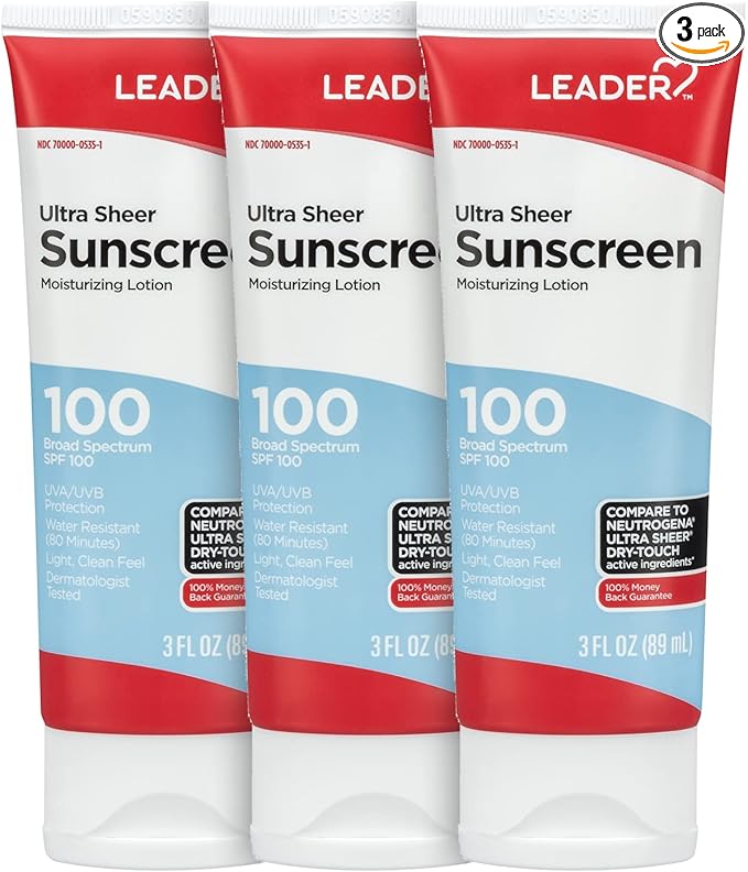 LEADER Travel Sunscreen SPF 100+, Ultra Sheer Dry-Touch Water Resistant and Non-Greasy Lotion with Broad Spectrum SPF 100+, 3 Fl Oz (3 Pack)