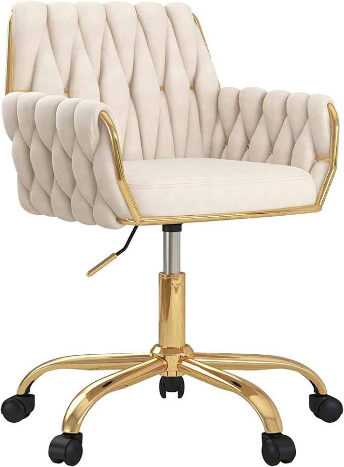 Velvet Home Office Chair, Modern Height-Adjustable Vanity Chair with Golden Base and Hand-Woven Backrest for Bedroom/Study/Vanity (Beige)