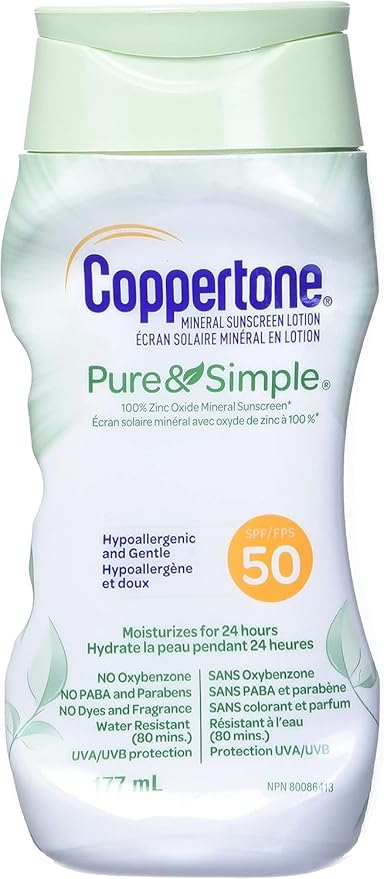 Coppertone Pure and Simple Zinc Oxide Mineral Sunscreen Lotion SPF 50, Body Sunscreen, Water Resistant, Broad Spectrum SPF 50 Sunscreen for Sensitive Skin, 6 Fl Oz Bottle (Pack of 3)
