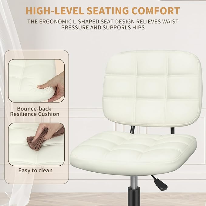 Armless Home Office Desk Chair with Wheels, Modern Ergonomic Drafting Rolling Chair with 360° Swivel Wheels,Height Adjustable Computer Task Chairs for Small Space, White