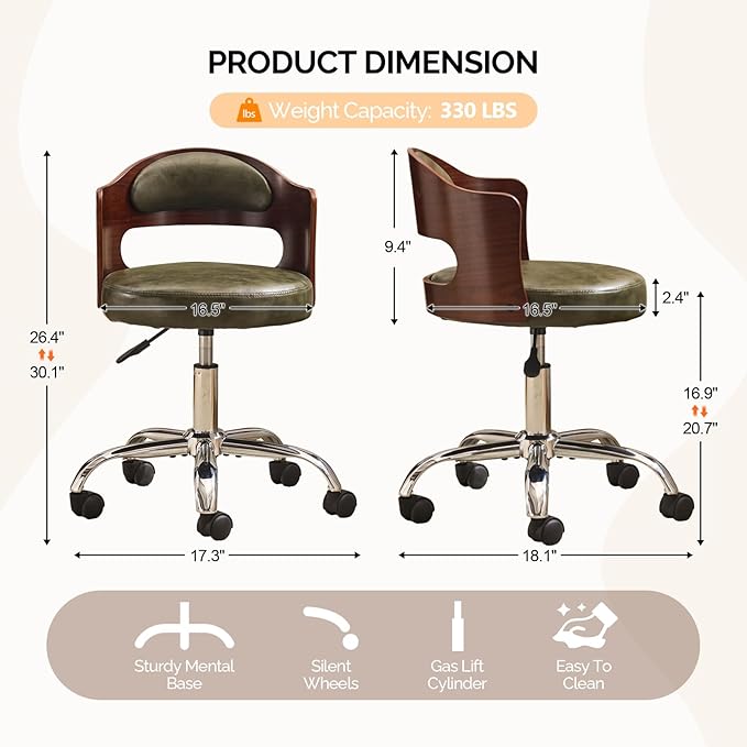 VINGLI Armless Home Office Desk Chair, Adjustable Swivel Chair,Dual-Use with/no Wheels,Small Retro Designed Walnut Curved Task Chair,Cushioned Nail Tech Chair for Study Area,Workspace,PU,Olive Green