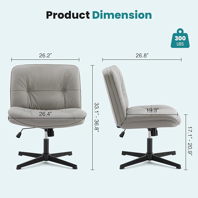 OLIXIS Criss Cross Chair Without Wheels, Cross Legged Office Chair, Armless Wide Vanity Desk Chair with Comfy PU Leather& Back - Swivel for Home Office Bedroom, Gray