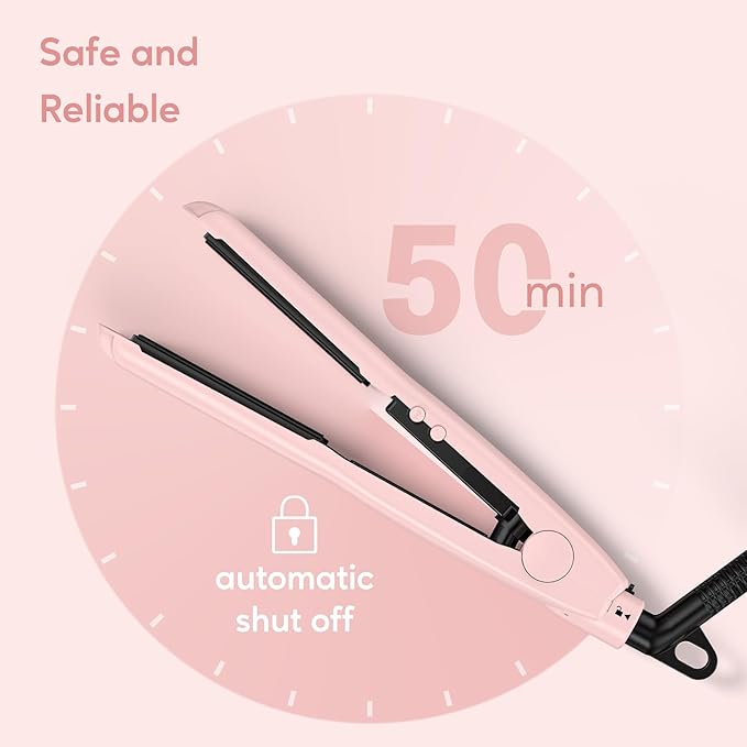 Terviiix Mini Flat Iron Hair Straightener, Adjustable Temperature, Travel-Size, 1/2" Ceramic Plates, Dual Voltage, Auto-Off, Pink