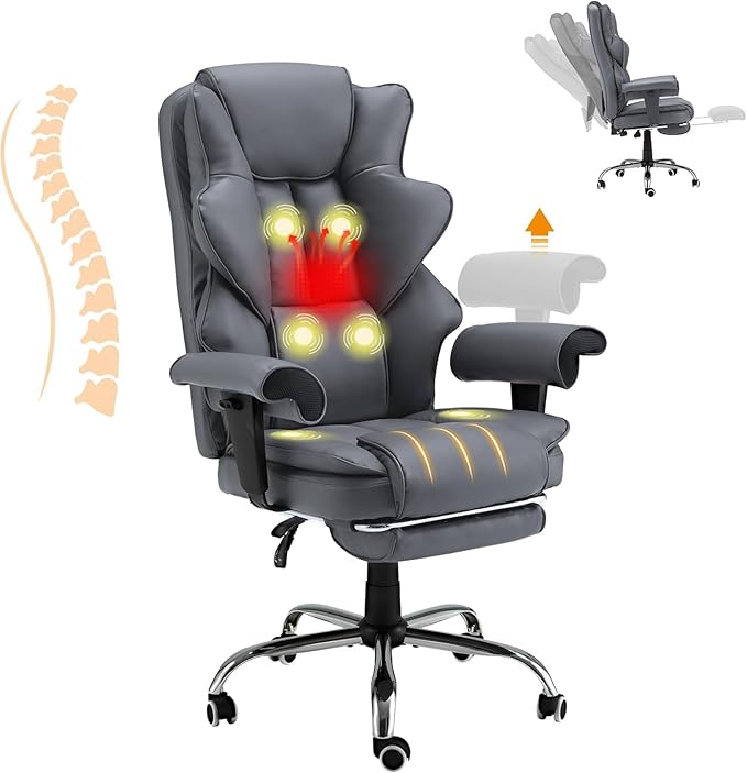 HOMREST 6-Point Massage Executive Chair, Ergonomic Heated Office Chair with Adjustable Backrest and Armrest, Home Office Desk Chairs with Retractable Footrest(‌SlateGray‌)