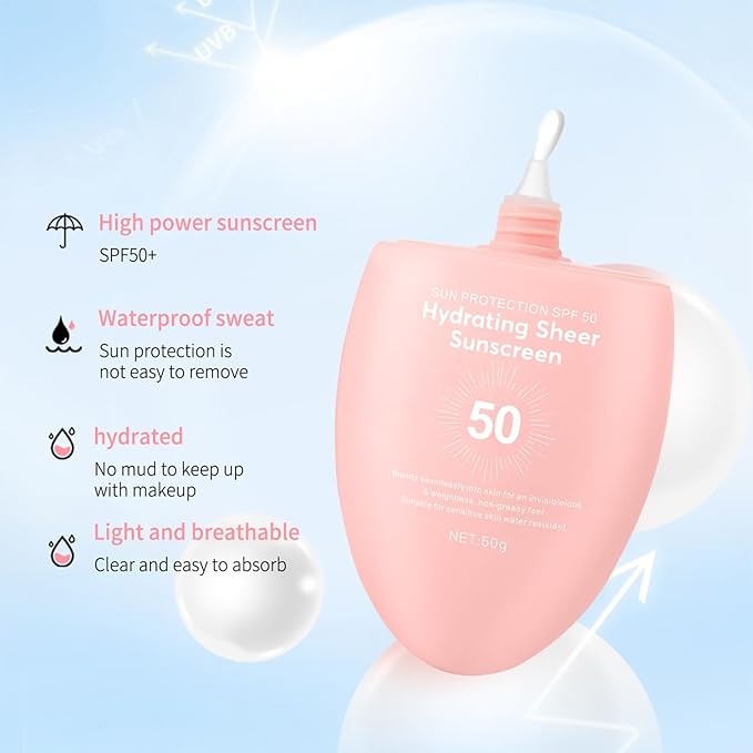 Sunscreen SPF 50+ 50g, Hydrating Sheer Face Sunscreen, Waterproof & Lightweight Water Gel, Non-Greasy, No White Cast, for Sensitive Skin Daily Use