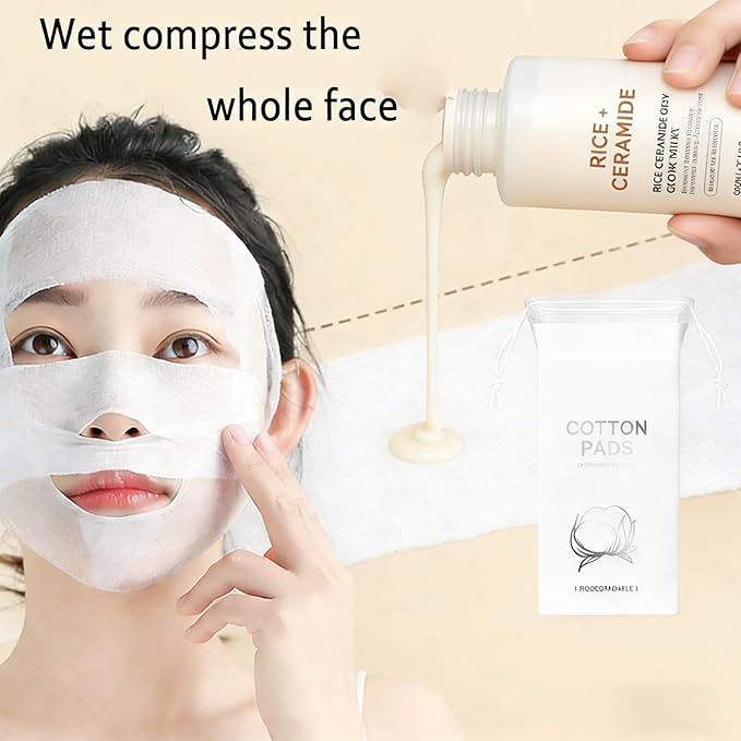 Rice Glow Milky Toner for Face - Hydrating Facial Toner with Ceramide & Niacinamide, Strengthens Skin Barrier (200ml) + 100-Count Fluorescent-Free Stretchable Cotton Pads