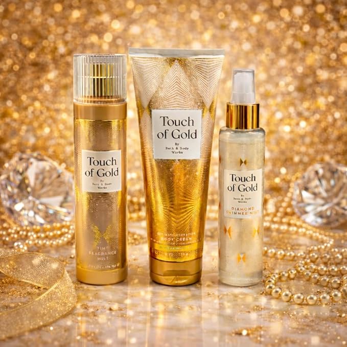Bath & Body Works TOUCH OF GOLD Full-Size Gift Set – Fine Fragrance Mist, Diamond Shimmer Mist & Ultimate Hydration Body Cream with 40-Inch Gold Metallic Ribbon Bow – Holiday Bundle