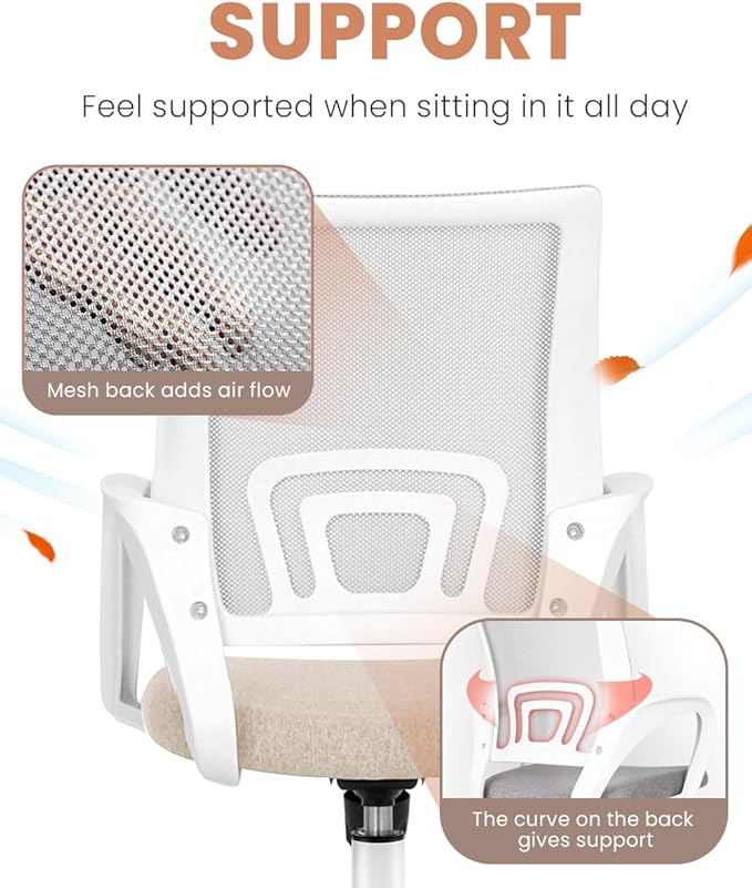 NEO CHAIR Office Desk Computer Chair Ergonomic Mesh Gaming Mid Back Seat with Comfy Lumbar Support Adjustable Height Swivel for Home Task (Beige)