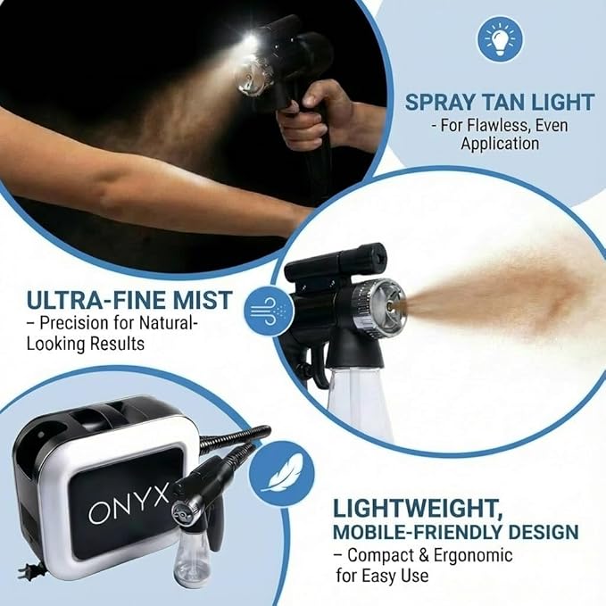 Naked Sun Onyx Spray Tan Machine Professional Tanning Gun with Light Kit and Honey Glow Rapid Develop Tanning Solution and also includes comprehensive Spray Tan Tranning Course.