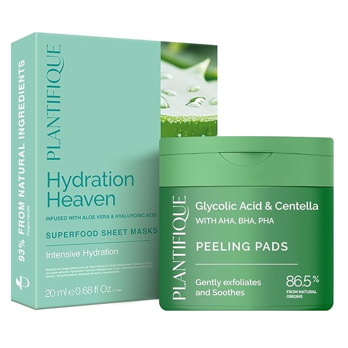 PLANTIFIQUE Facial Sheet Mask Hydration Heaven 5 pack – Aloe Vera and Korean Glycolic Acid Toner Pads with CICA, 60 Pcs