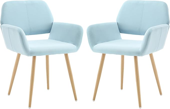 KCC Small Modern Dining Room Arm Chairs Set of 2, Mid-Century Upholstered Velvet Side Seat Club Guest with Metal Tube Legs for Kitchen, Living Room, Blue