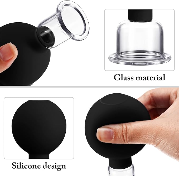Nuanchu 2 Pieces Facial Cupping Set, Glass Cupping Cups Glass Silicone Cups Vacuum Suction for Face Skin Back Shoulder Muscle(1 Inch and 0.65 Inch Diameter,Black)