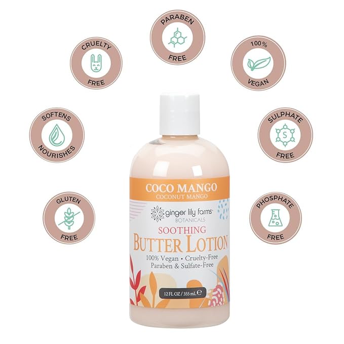 Ginger Lily Farms Botanicals Soothing Butter Lotion for Dry Skin, Coco Mango, 100% Vegan & Cruelty-Free, Coconut Mango Scent, 12 Fl Oz (Pack of 6)