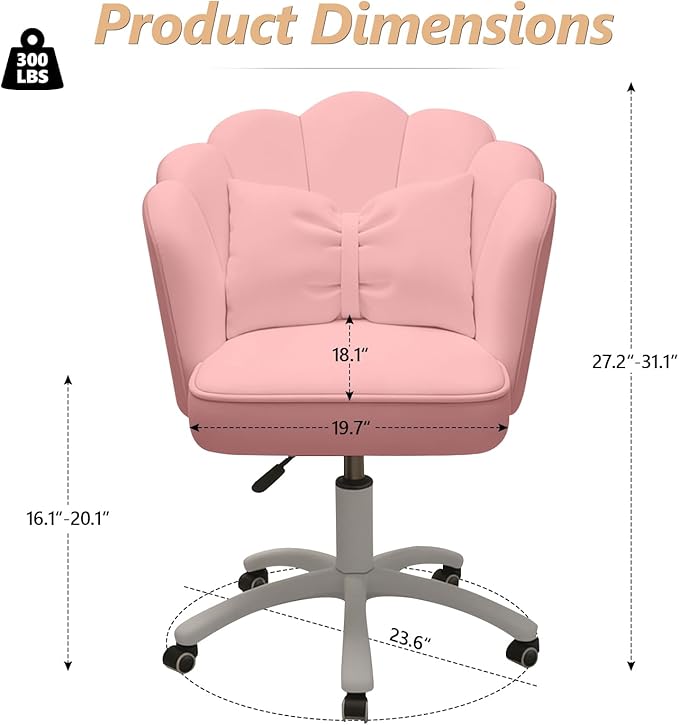 Home Office Desk Chair Swivel Rolling Vanity Chair with Silent Wheels and Comfortable Back, Adjustable Height Upholstered Computer Task Chair for Makeup, Bedroom