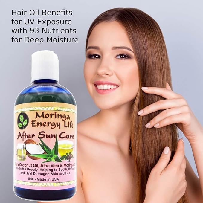 Moringa Energy Life After Sun Care Oil 8 oz, Soothes Skin from Sun Exposure with Coconut Oil, Aloe Vera Juice, Moringa Oil for Skin and Hair