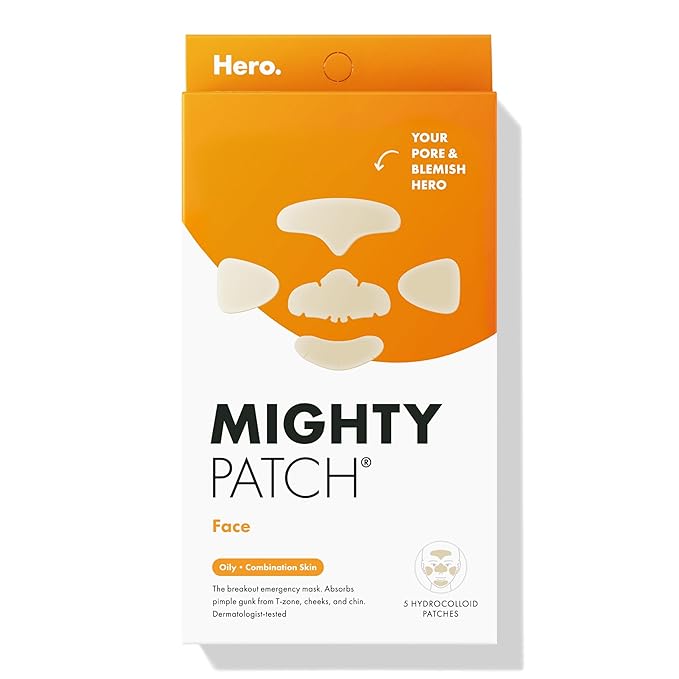 Mighty Patch™ Face Patch from Hero Cosmetics - XL Hydrocolloid Face Mask for Acne, 5 Large Pimple Patches for Zit Breakouts on Nose, Chin, Forehead & Cheeks - Korean Skin Care (1 Count)