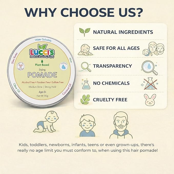 LUCCI’S CHILDRENS GROOMING SUPPLY Baby Hair Gel – 5oz Plant-Based Styling Hair Pomade for Infants – No Parabens or Sulphates – Medium Shine and Strong Hold Hair Paste for Kids
