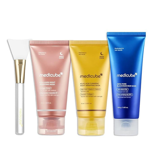 medicube Pore & Glow K-Viral Mask Set: Collagen Overnight Wrapping Peel Off Facial Mask Pack, Turmeric Overnight Wrapping Peel Off Mask 2.0 and Zero Pore Blackhead Mud Facial Mask and a Jelly Brush