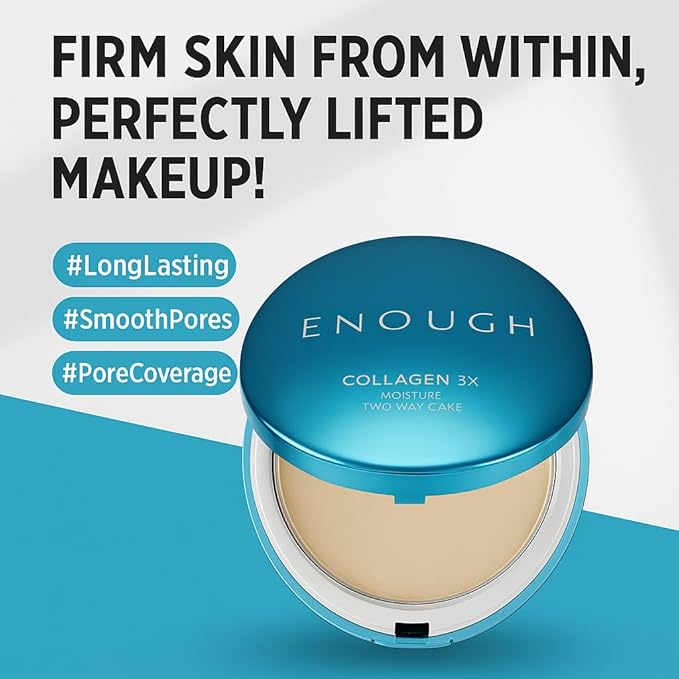ENOUGH Collagen 3X Moisture Two-Way Cake SPF28, Korean Makeup Blurring Setting Powder Foundation, Face Pressed Powder Compact for Women (#21N Clear Beige)