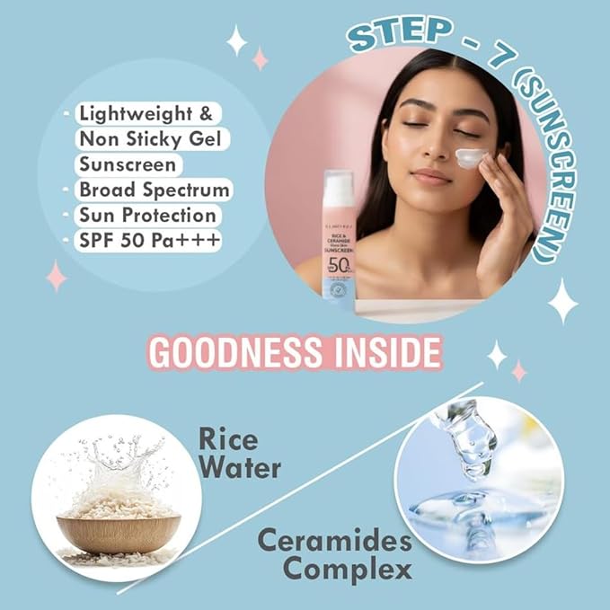 Gla veda Korean 7 Step Winter Skincare Kit for Women | Rice & Ceramide Routine | Gift Box | Skin Brightening, Anti-Ageing | Face Wash+Toner+Moisturizer+Serum+Mask+Sunscreen+Under Eye Cream