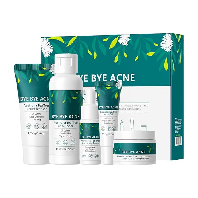 Skin Care Set,Acne Treatment for Face Skin Care Sets & Kits,Tea Tree Essential Oil Facial Skincare Gift Set with Cleanser,Toner,Serum,Gel, Acne Treatment Kit Cream Skin Care for Teens 10-12 Girls Boys