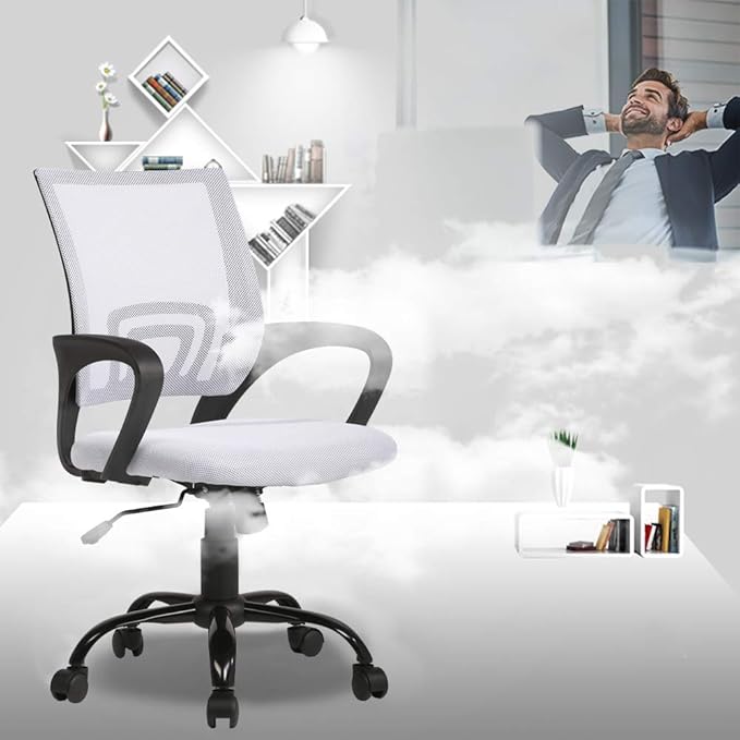 BestOffice Office Chair Mid Back Desk Chair1 Ergonomic Mesh Computer Gaming with Larger Seat, Executive Height Adjustable Swivel Task with Lumbar Support Armrest for Women Adults Women, Men White
