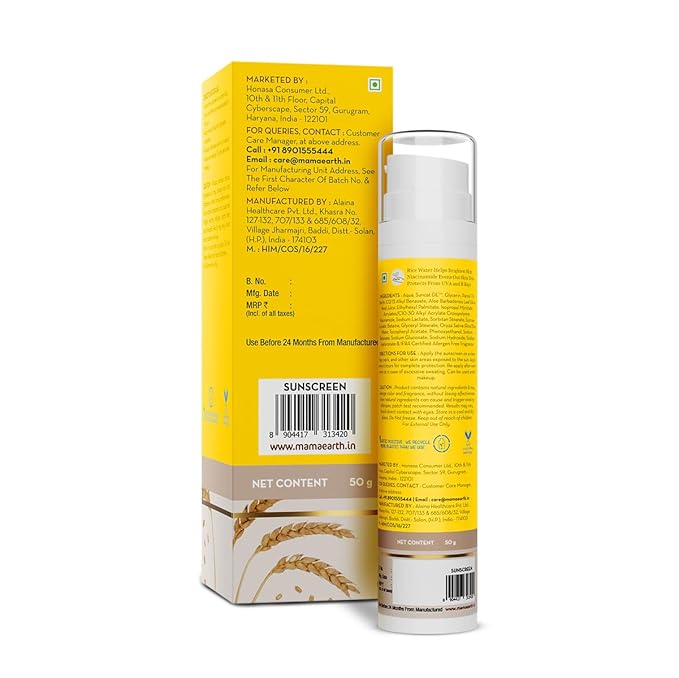 Mamaearth Rice Water Sunscreen SPF 50 PA++++, Lightweight Hydrating Face Sunscreen with Niacinamide & Natural Ingredients, UVA/UVB Protection,1.76 Oz (50g)