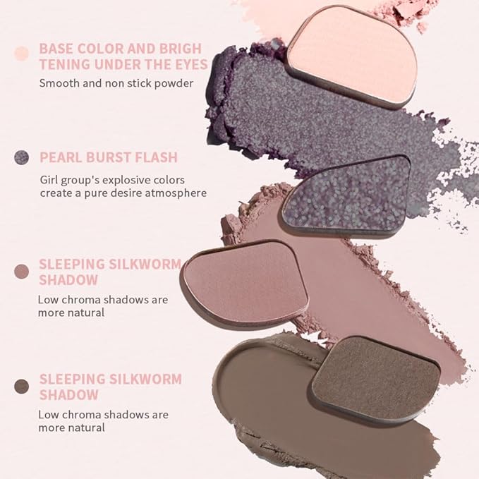 Pink Eyeshadow Palette – 4-Color Mauve Nude & Baby Pink Matte Shades with Lavender Silver Glitter, High Pigment Long-Lasting Blendable Eye Shadow Quad for Daily Soft Glam & Natural Cool Tone Looks