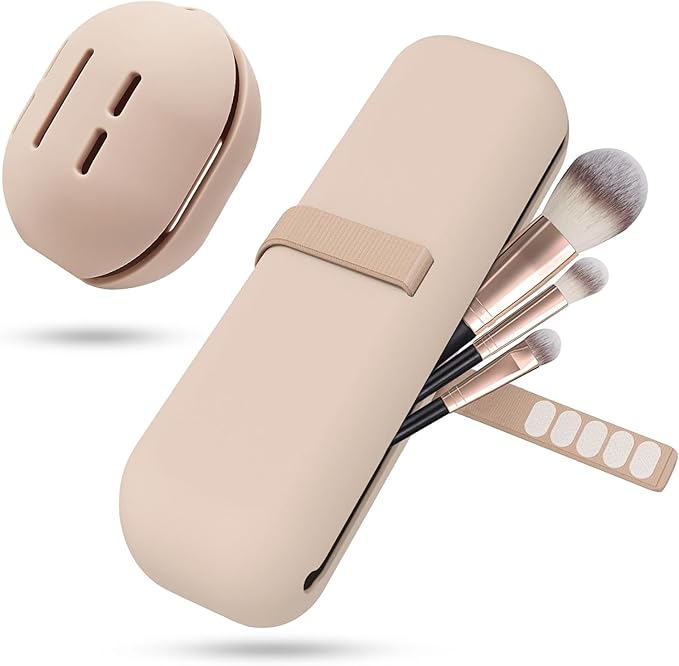 Silicone Makeup Brush Holder Travel Case No Odor Nylon Strap Closure | Water-Resistant Brush Organizer for Travel Makeup Brushes Storage-Khaki
