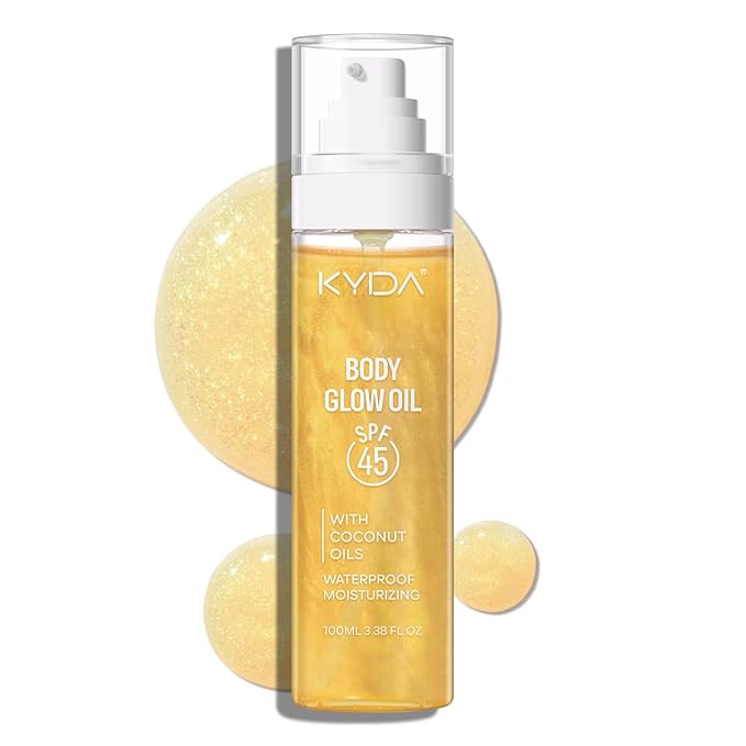 KYDA Travel Size Sunscreen,SPF 45 Sunscreen Spf Body Oil with Gold Mica, Sun-kissed Glow Skin Illuminator, Moisturizing Coconuts Summer Sunscreen,Water Resistant, 3.38 fl oz, GOLD