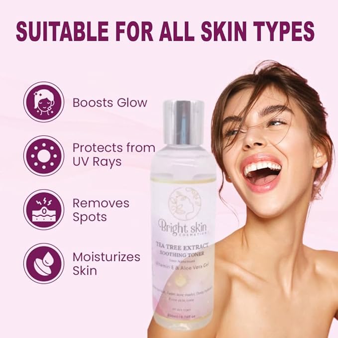 Tea Tree Extract Soothing Toner for Oily & Acne-Prone Skin | Controls Oil, Shrinks Pores, Fades Acne Marks & Brightens Skin | with Aloe Vera, Vitamin E & Witch Hazel – 200ml