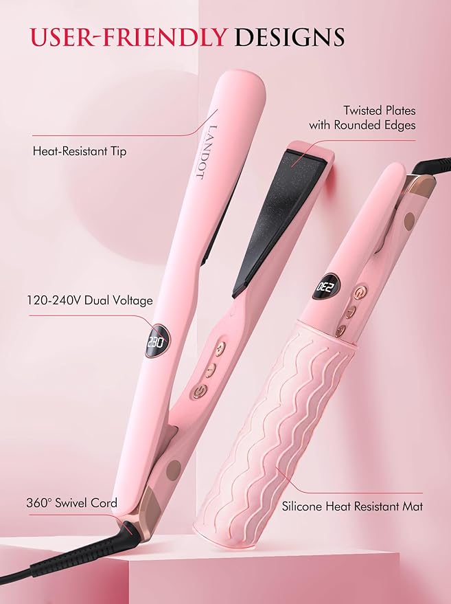 LANDOT 2-in-1 Hair Straightener and Curler - Pro 1" Multi-Styler with Twist & Curl Technology, Tourmaline Ceramic, Dual Voltage Adjust Temp 250-450°F for All Hair Types, Blush Pink