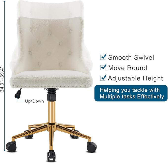 VINGLI White Teddy Fleece Armless Office Desk Chair with Gold Base/Wheels, Cute Vanity/Makeup Chair with Back for Bedroom, Upholstered Adjustable Rolling Swivel Nail Chair for Women/Girls