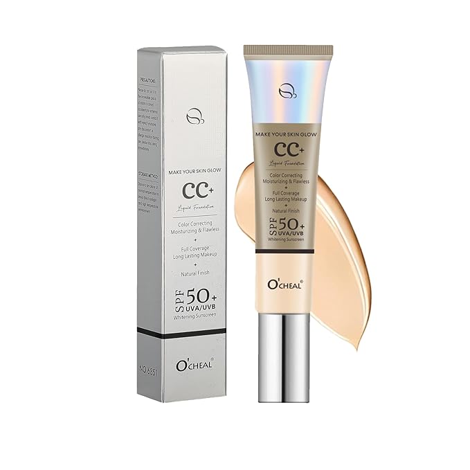 O'CHEAL CC Foundation with SPF 50+, Full Coverage Moisturizer Color Correcting Cream Concealer Powder Foundation, Lightweight Waterproof Oil-Free Pre-makeup Primer for All Skin Types (Nature)