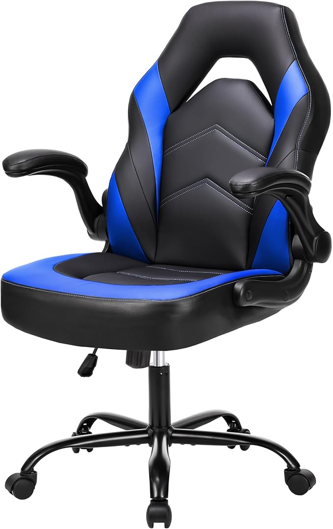 NEWBULIG Computer Gaming Desk Chair - Big Tall Ergonomic Lumbar Support with Flip-up Armrest and 360° Swivel Wheels, PU Leather Height Adjustable, for Home and Office, Blue