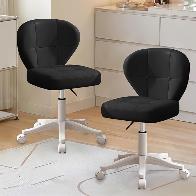 Vanity Chair with Back – Small Armless Office Chair with Wheels, Lumbar Support, PU Leather, Adjustable Height, 360° Swivel for Home, Bedroom, Office Black Set of 2