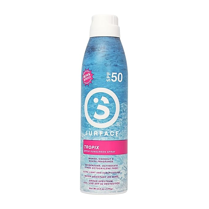 Surface Sunscreen Spray SPF 50 for Body, Lightweight Natural Formula, Reef Friendly, Broad Spectrum UVA UVB Protection, Water Resistant Sun Care for 80 Minutes Outdoor Use, Tropical Scent, 6oz