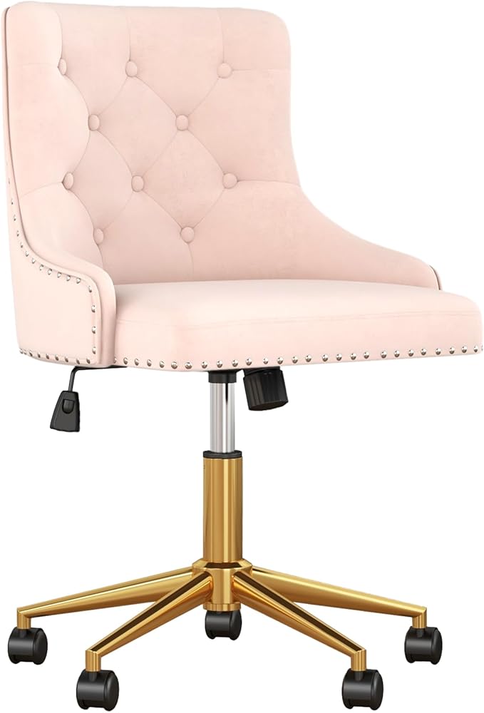 Velvet Armless Home Office Desk Chair, Swivel Height-Adjustable Small Cute Vanity Chair for Women/Girls, Comfy Makeup Chair with Rivet and Gold Base for Living Room, Bedroom(Light Pink)
