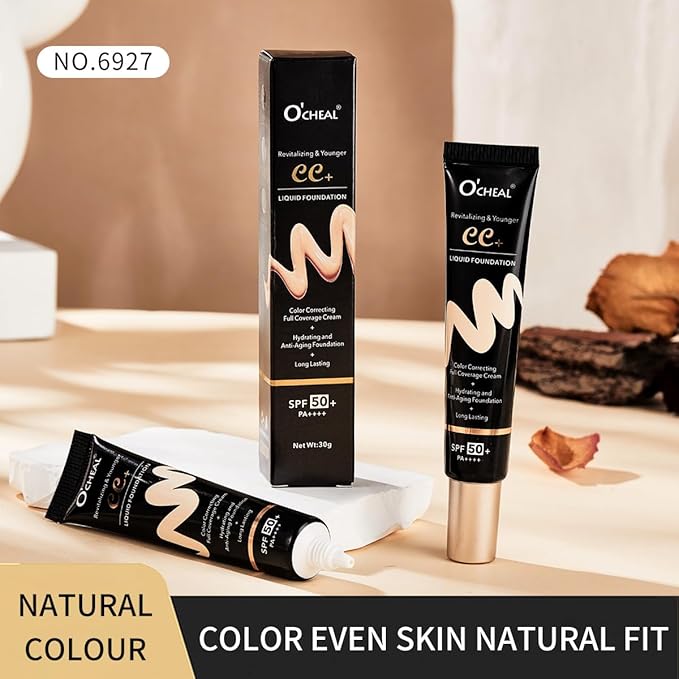 O'CHEAL CC Cream with SPF 50+, Hydrating Color Correcting Cream Full Coverage Lightweight Powder Foundation, Waterproof Long Lasting Pre-makeup Primer Facial Concealer Refine Skin Texture (Natural)