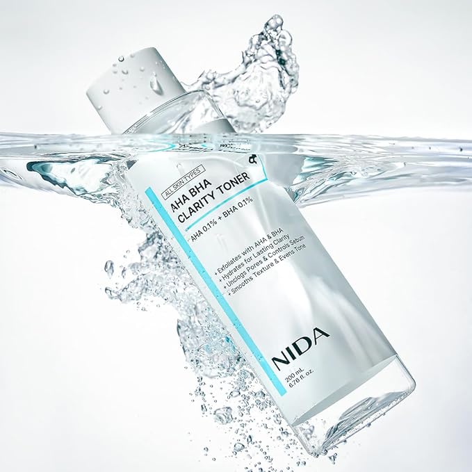 NIDA AHA BHA Clarity Toner | AHA 0.1%, BHA 0.1%, Niacinamide,Centella Asiatica | Exfoliate, Hydrate, Pore Control, Evens Tone | 6.76 fl. oz., 200ml