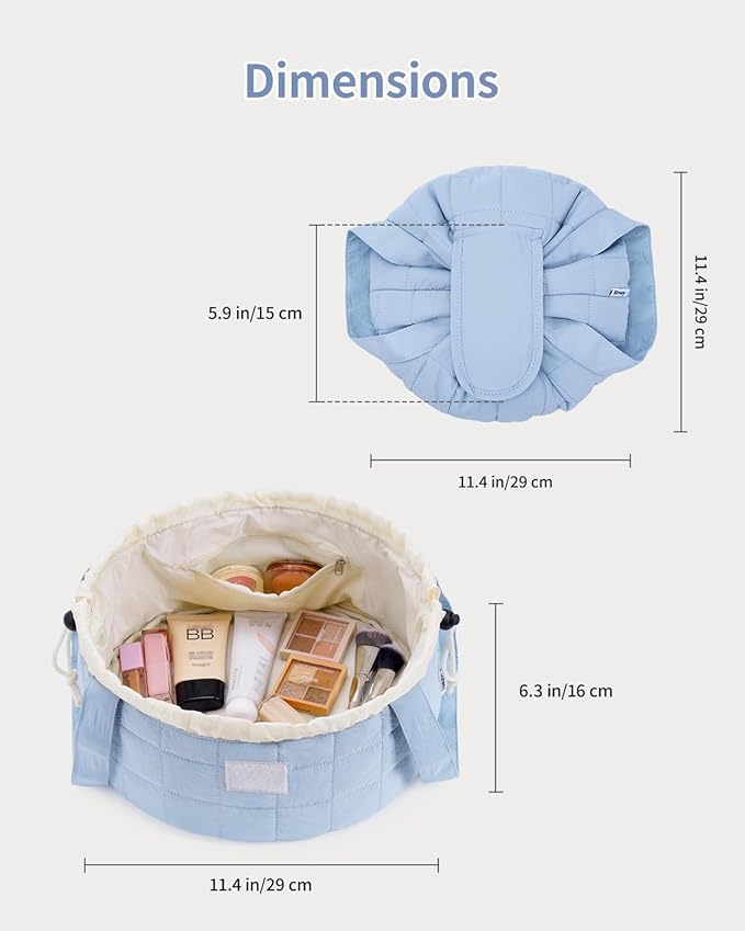 Narwey Lay Flat Open Drawstring Makeup Bag, Large Quilted Cosmetic Bag for Women Girls, Cute Make up Bags with Handle, Portable Travel Toiletry Bag for Skincare, Brushes & Travel Essentials (Blue)