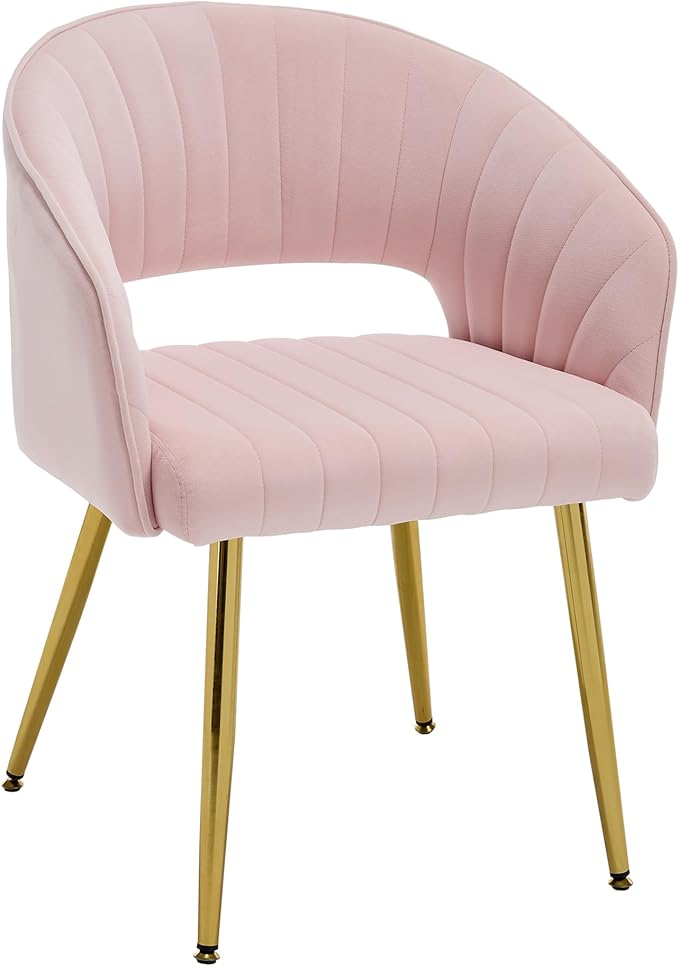 Modern Velvet Vanity Chair, Home Office Desk Chair with Hollow Back, Upholstered Dining Chair with Gold Metal Legs, Comfy Accent Armchair for Living Room Bedroom, Light Pink